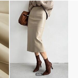 Women’s Elegant faux leather midi Tan Skirt